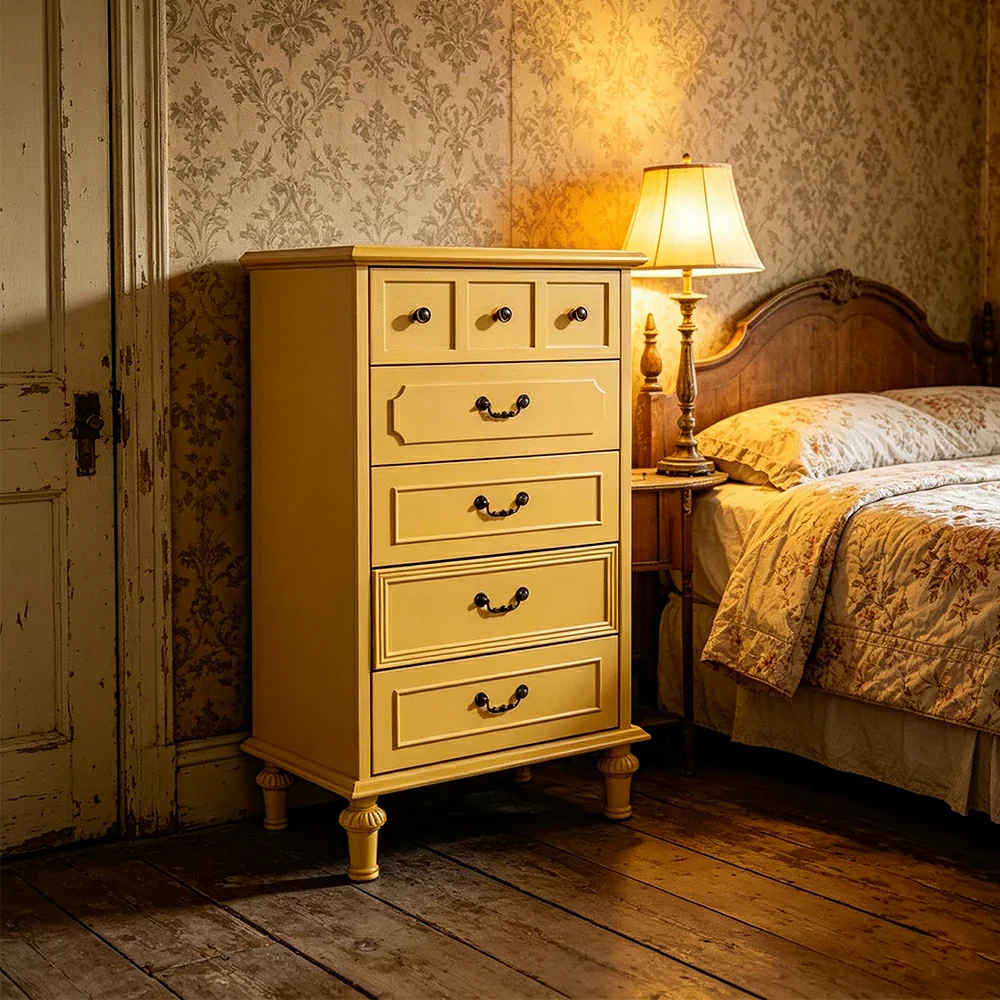 LUXORA Solid Wood Tallboy Chest of Drawers Vintage Storage Cabinet for Bedroom 60cm - Yellow - Image 6