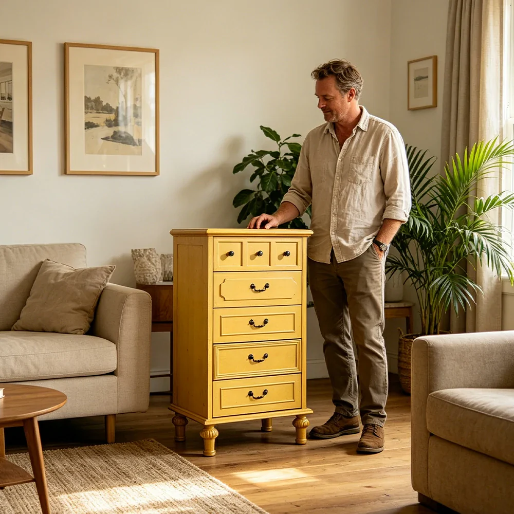 LUXORA Solid Wood Tallboy Chest of Drawers Vintage Storage Cabinet for Bedroom 60cm - Yellow - Image 7