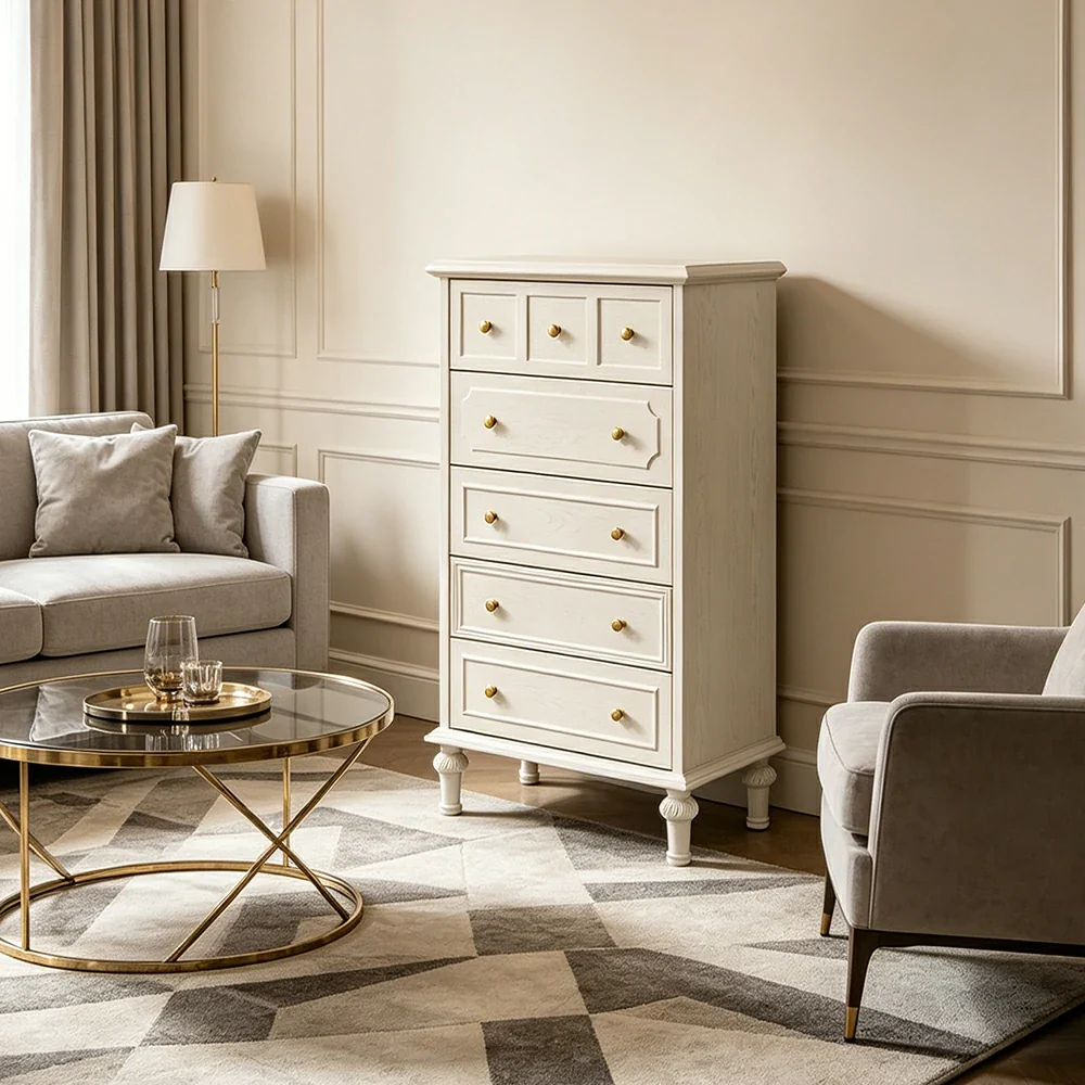 LUXORA Solid Wood Tallboy Chest of Drawers Vintage Storage Cabinet for Bedroom 60cm - Beige - Image 4