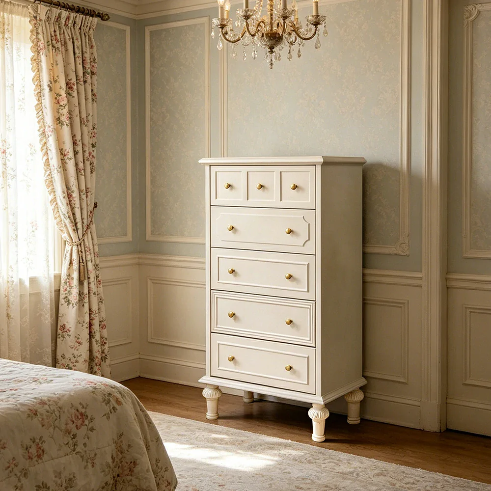 LUXORA Solid Wood Tallboy Chest of Drawers Vintage Storage Cabinet for Bedroom 60cm - Beige - Image 5