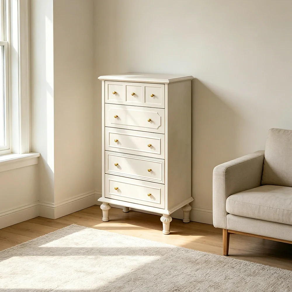 LUXORA Solid Wood Tallboy Chest of Drawers Vintage Storage Cabinet for Bedroom 60cm - Beige - Image 6