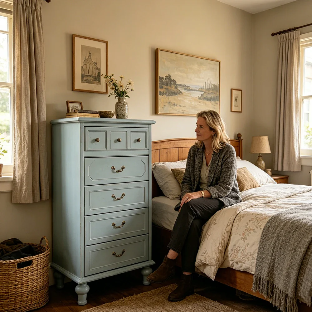 LUXORA Solid Wood Tallboy Chest of Drawers Vintage Storage Cabinet for Bedroom 60cm - Blue - Image 6