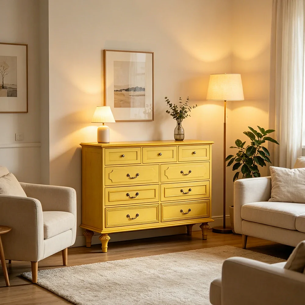 LUXORA Solid Wood 9 Drawer Dresser Vintage Storage Cabinet for Bedroom Living Room 120cm - Mustard Yellow - Image 2