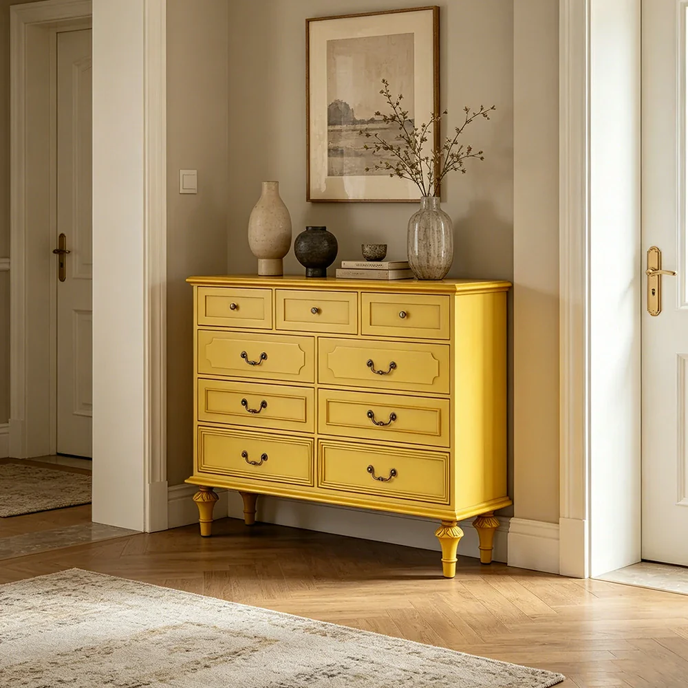 LUXORA Solid Wood 9 Drawer Dresser Vintage Storage Cabinet for Bedroom Living Room 120cm - Mustard Yellow - Image 4