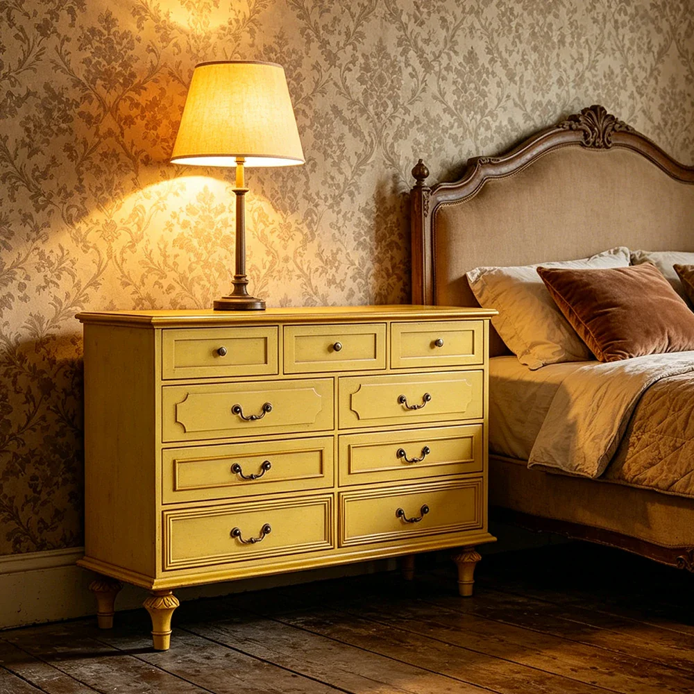LUXORA Solid Wood 9 Drawer Dresser Vintage Storage Cabinet for Bedroom Living Room 120cm - Mustard Yellow - Image 5