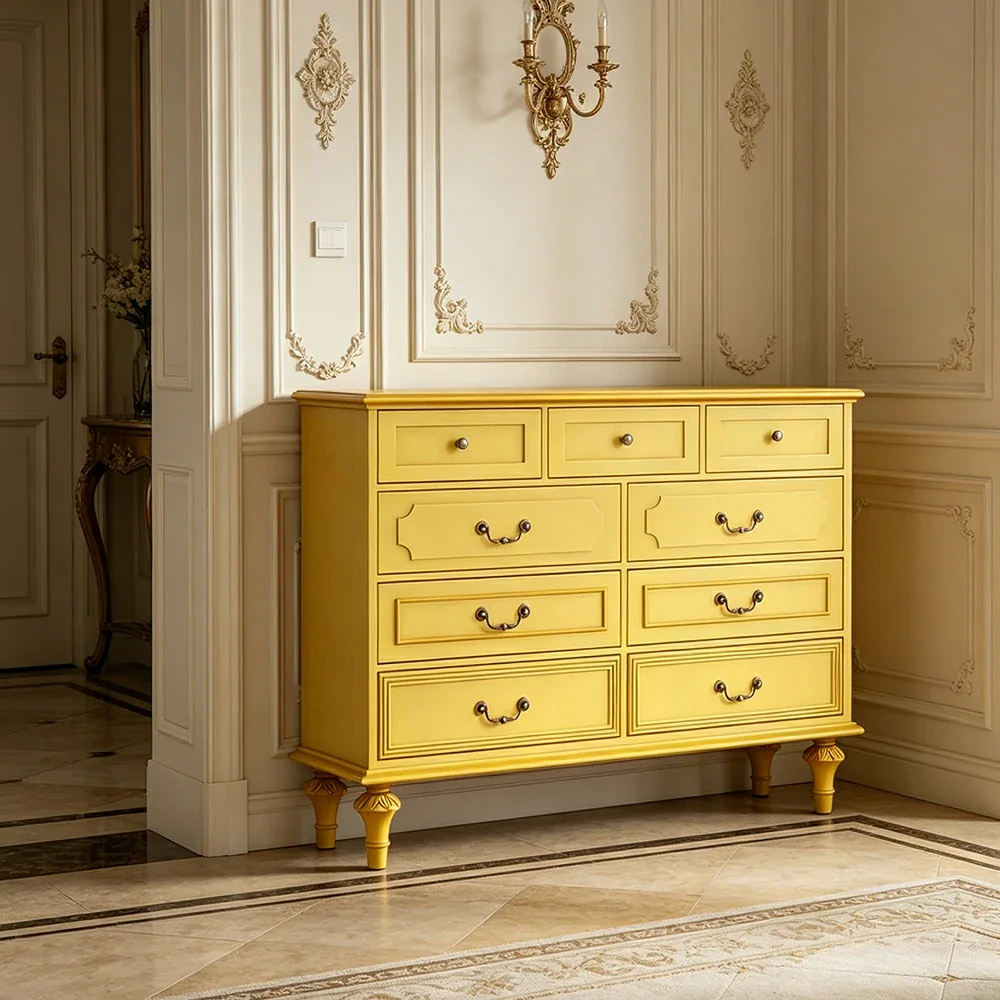 LUXORA Solid Wood 9 Drawer Dresser Vintage Storage Cabinet for Bedroom Living Room 120cm - Mustard Yellow - Image 6