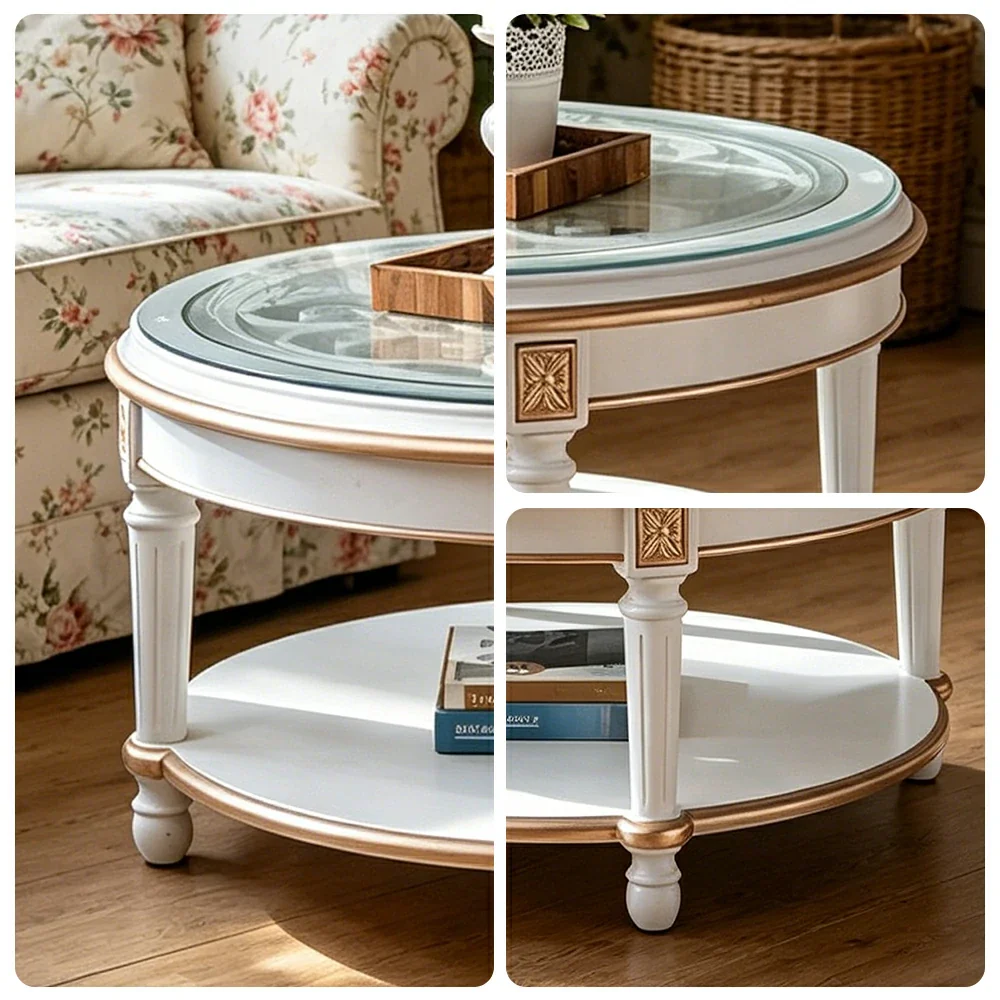 LUXORA 90/100cm Round Solid Wood Coffee Table with Glass Top Vintage Living Room Tea Table - White - Image 3