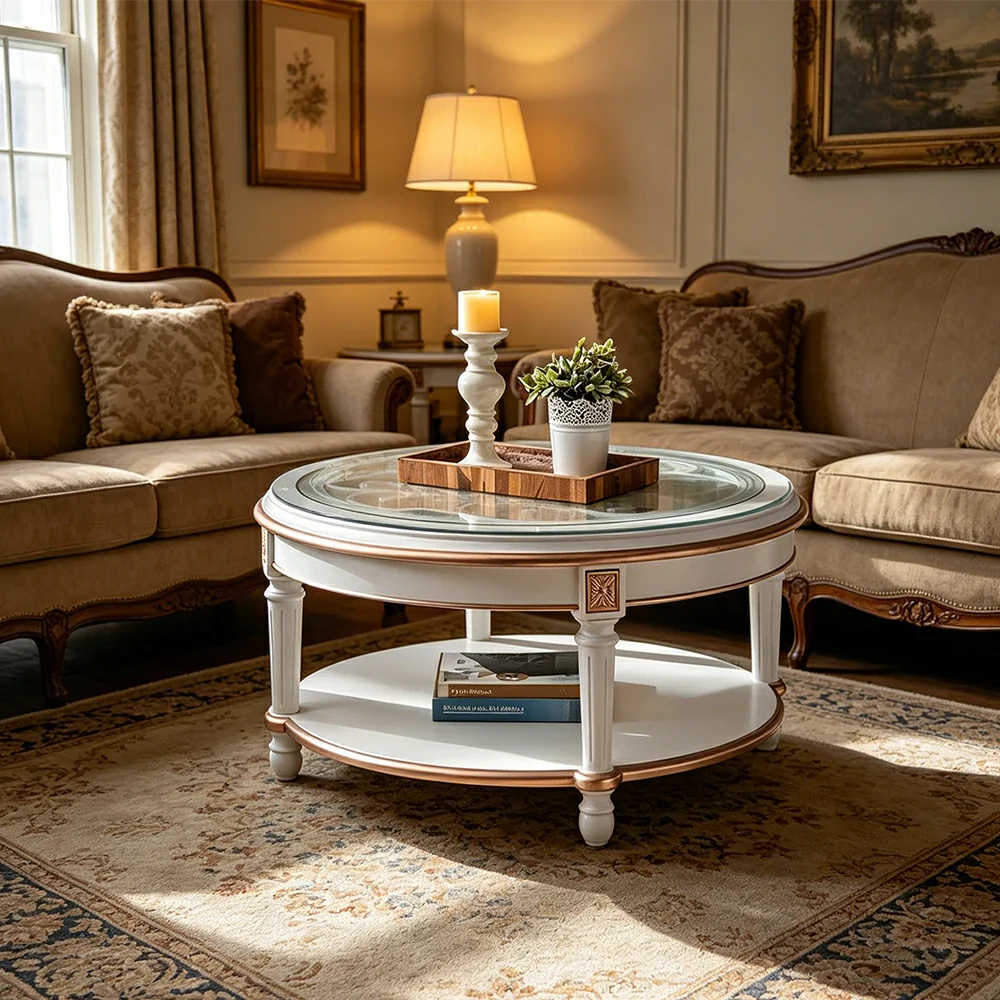 LUXORA 90/100cm Round Solid Wood Coffee Table with Glass Top Vintage Living Room Tea Table - White - Image 4