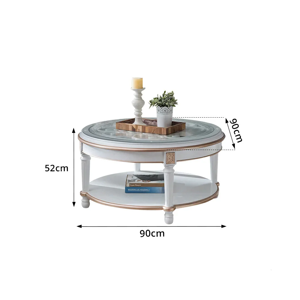 LUXORA 90/100cm Round Solid Wood Coffee Table with Glass Top Vintage Living Room Tea Table - White - Image 8