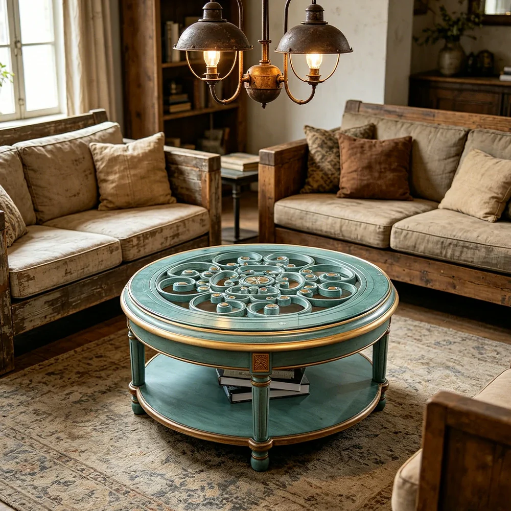 LUXORA 90/100cm Round Solid Wood Coffee Table with Glass Top Vintage Living Room Tea Table - Blue - Image 4