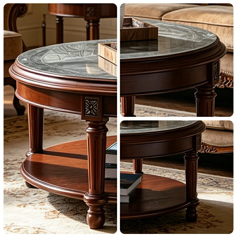 LUXORA 90/100cm Round Solid Wood Coffee Table with Glass Top Vintage Living Room Tea Table - Brown - Image 3