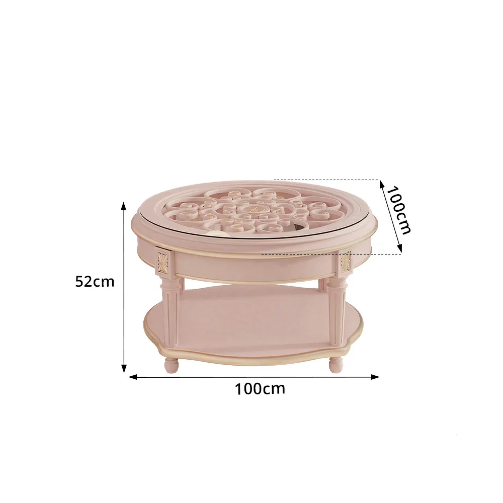 LUXORA 90/100cm Round Solid Wood Coffee Table with Glass Top Vintage Living Room Tea Table - Pink - Image 8