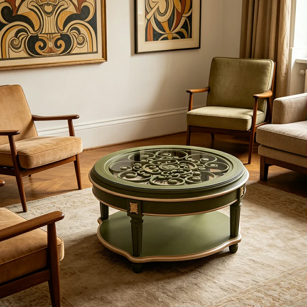 LUXORA 90/100cm Round Solid Wood Coffee Table with Glass Top Vintage Living Room Tea Table - Green - Image 2