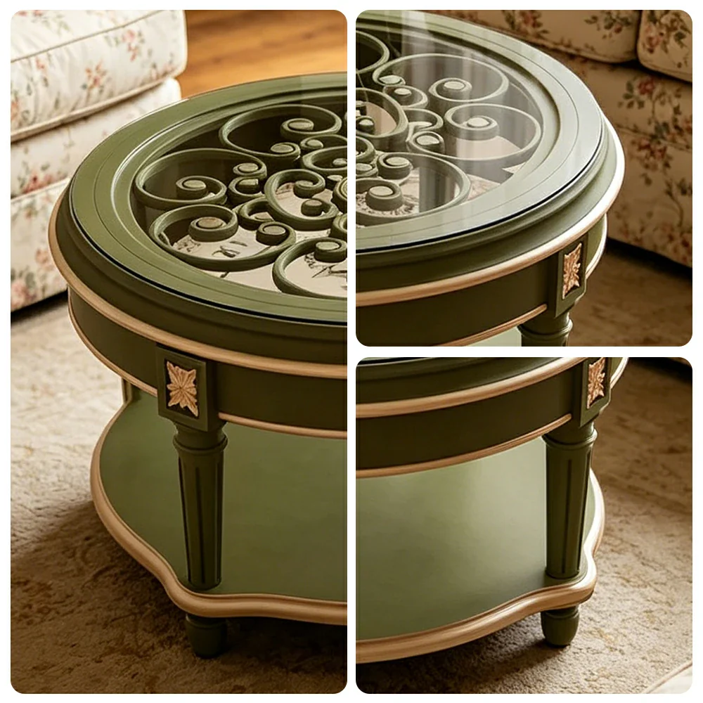 LUXORA 90/100cm Round Solid Wood Coffee Table with Glass Top Vintage Living Room Tea Table - Green - Image 3