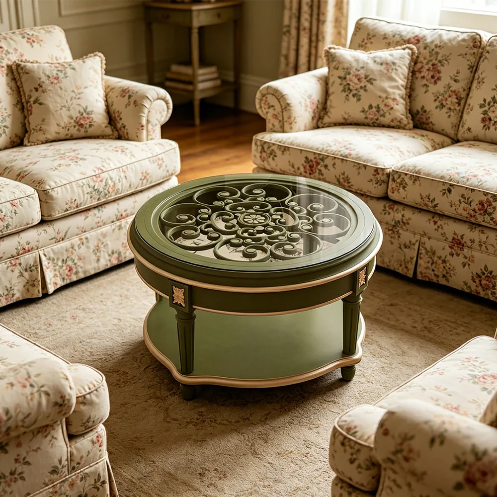LUXORA 90/100cm Round Solid Wood Coffee Table with Glass Top Vintage Living Room Tea Table - Green - Image 4