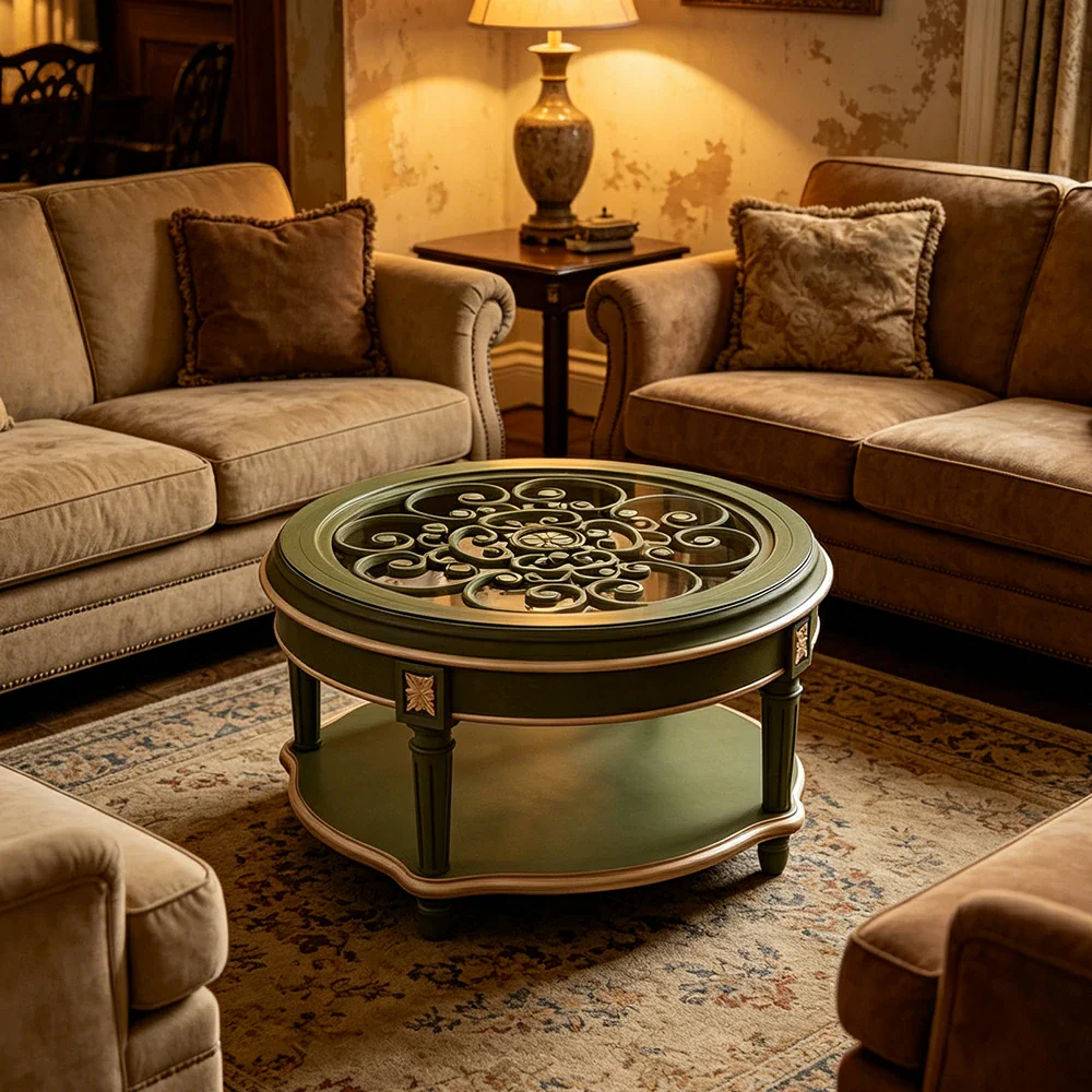 LUXORA 90/100cm Round Solid Wood Coffee Table with Glass Top Vintage Living Room Tea Table - Green - Image 5