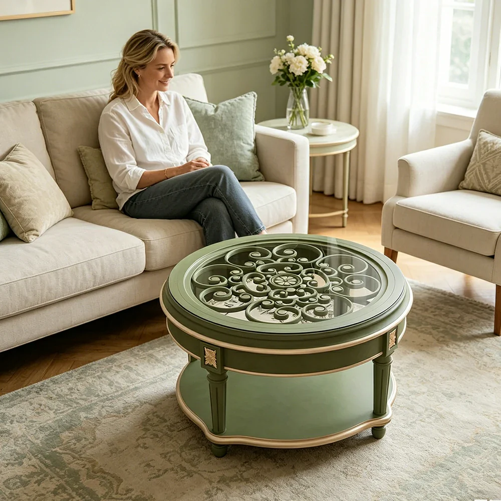 LUXORA 90/100cm Round Solid Wood Coffee Table with Glass Top Vintage Living Room Tea Table - Green - Image 7