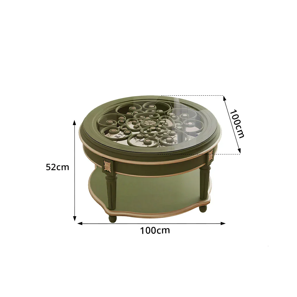 LUXORA 90/100cm Round Solid Wood Coffee Table with Glass Top Vintage Living Room Tea Table - Green - Image 9