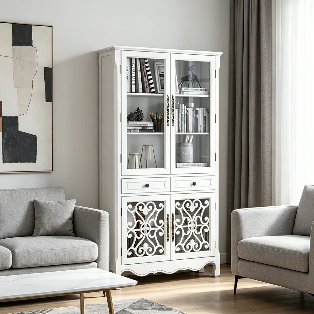 LUXORA Vintage Solid Wood Bookcase Glass Display Storage Cabinet for Living Room Study - White - Image 2