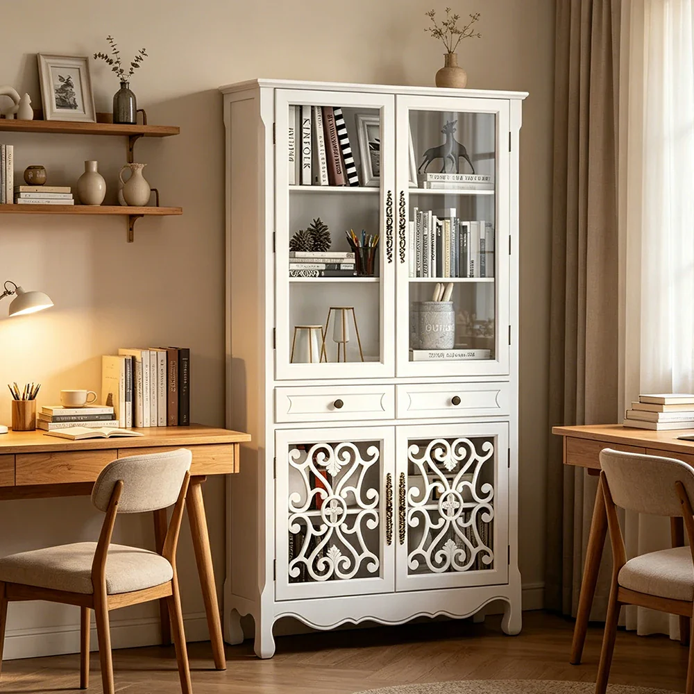 LUXORA Vintage Solid Wood Bookcase Glass Display Storage Cabinet for Living Room Study - White - Image 5