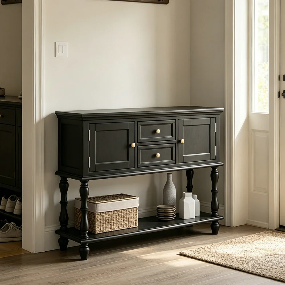 LUXORA Solid Wood Side Cabinet Embossed Grain Storage Console 120/140cm for Entryway Living Room - Black - Image 2