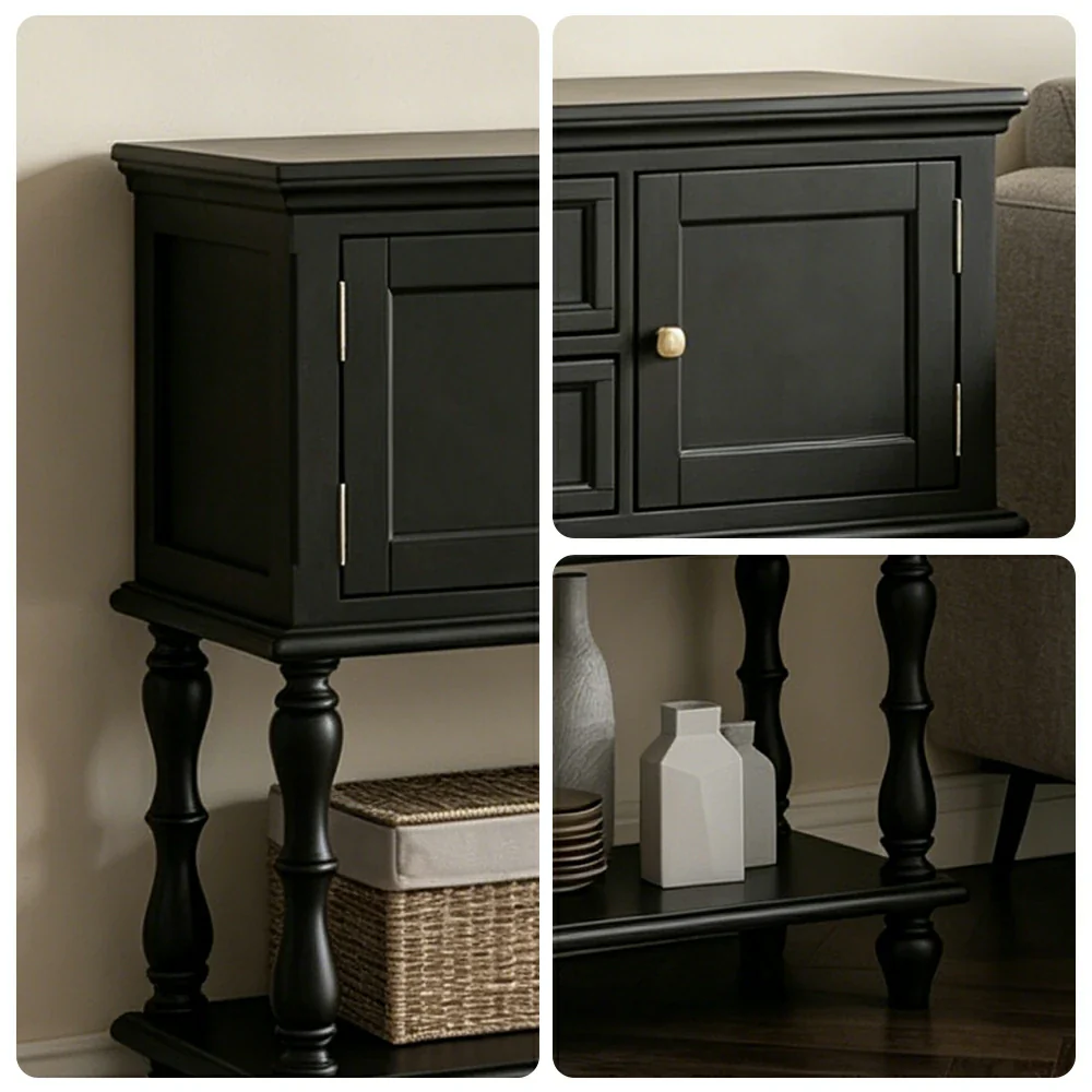 LUXORA Solid Wood Side Cabinet Embossed Grain Storage Console 120/140cm for Entryway Living Room - Black - Image 3