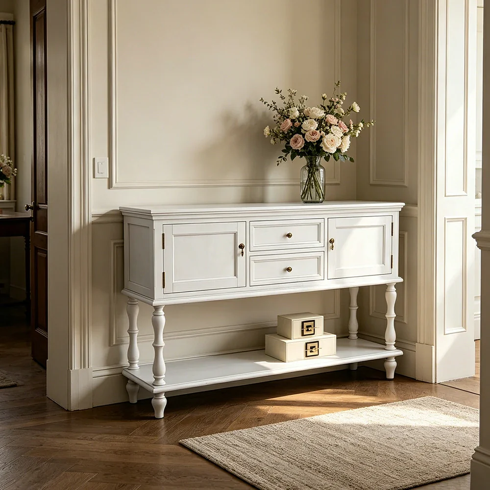 LUXORA Solid Wood Side Cabinet Embossed Grain Storage Console 120/140cm for Entryway Living Room - White - Image 2