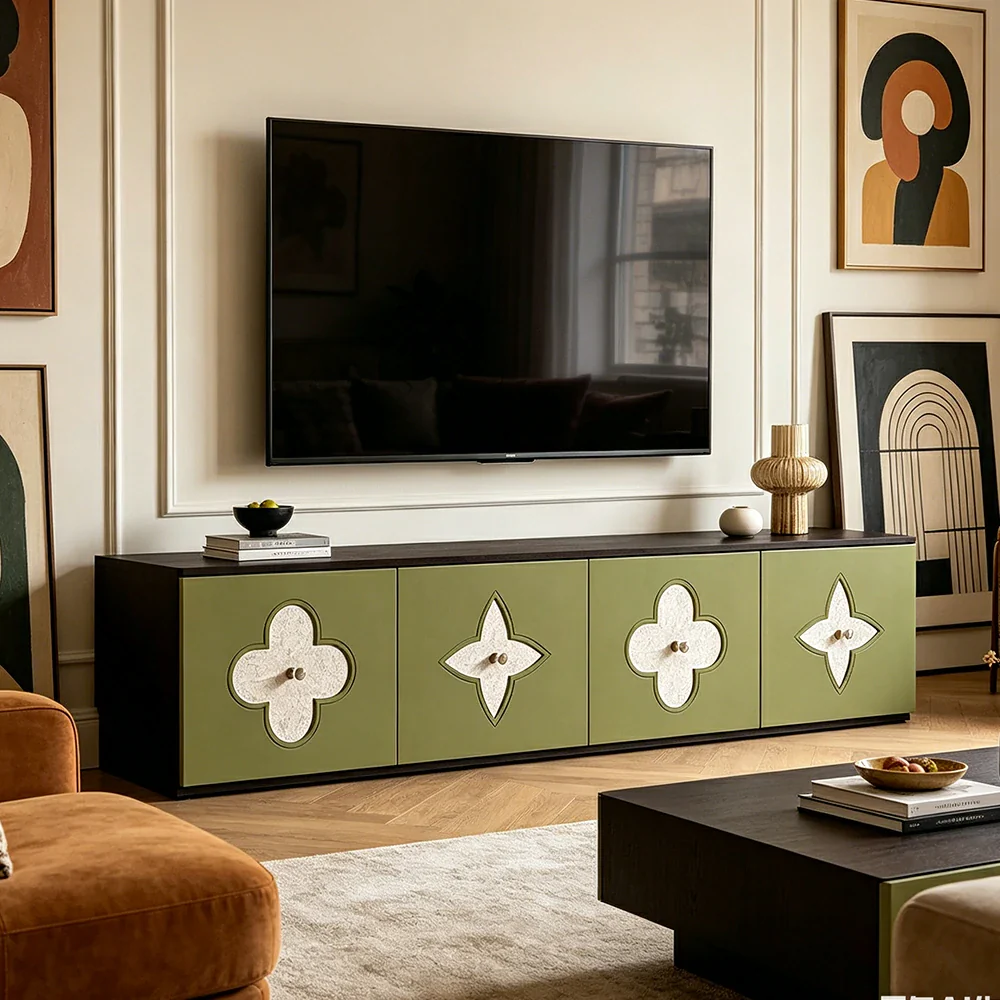 LUXORA Modern TV Cabinet Natural Shell Detail Storage Console for Living Room Entertainment Area - Black&Green - Image 2