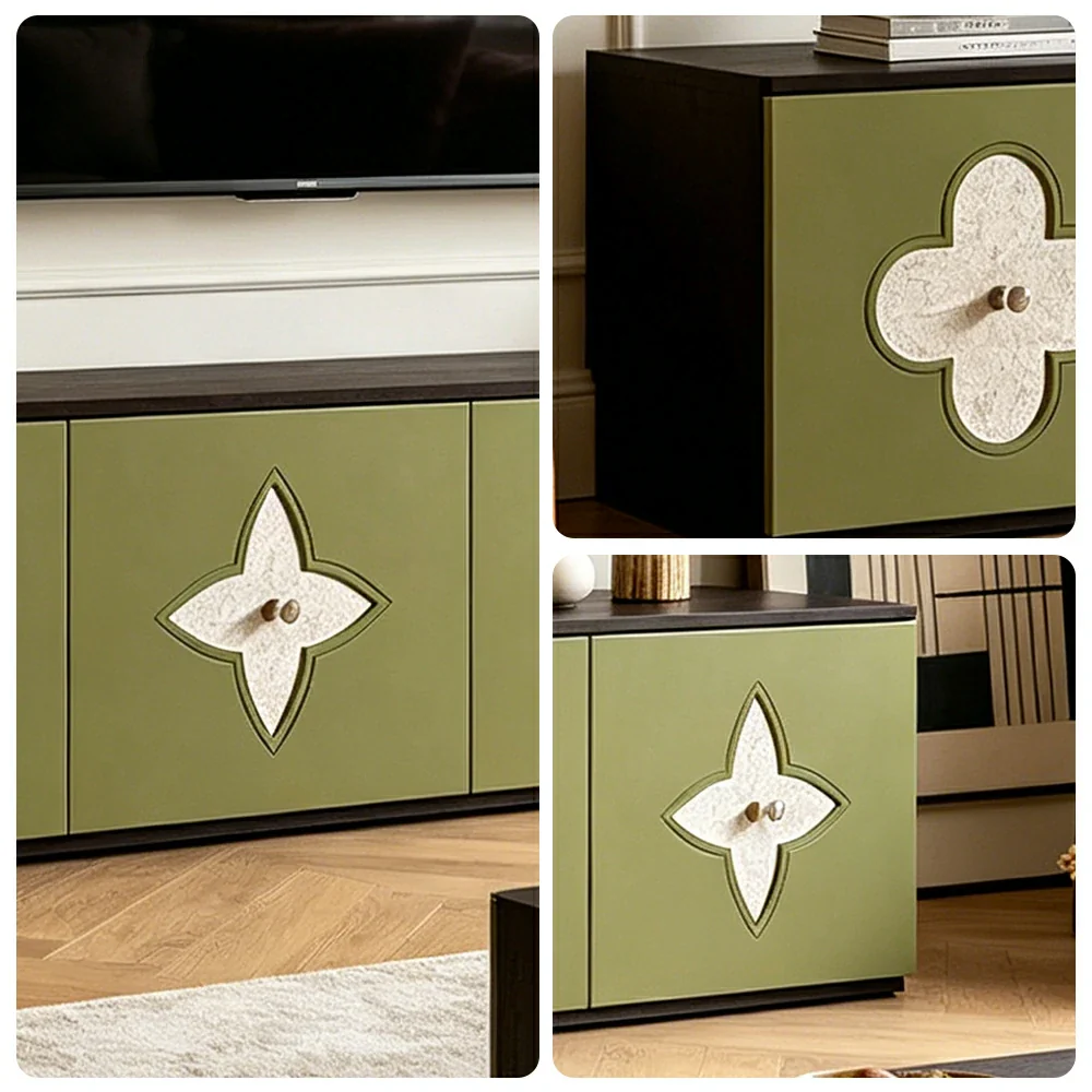 LUXORA Modern TV Cabinet Natural Shell Detail Storage Console for Living Room Entertainment Area - Black&Green - Image 3