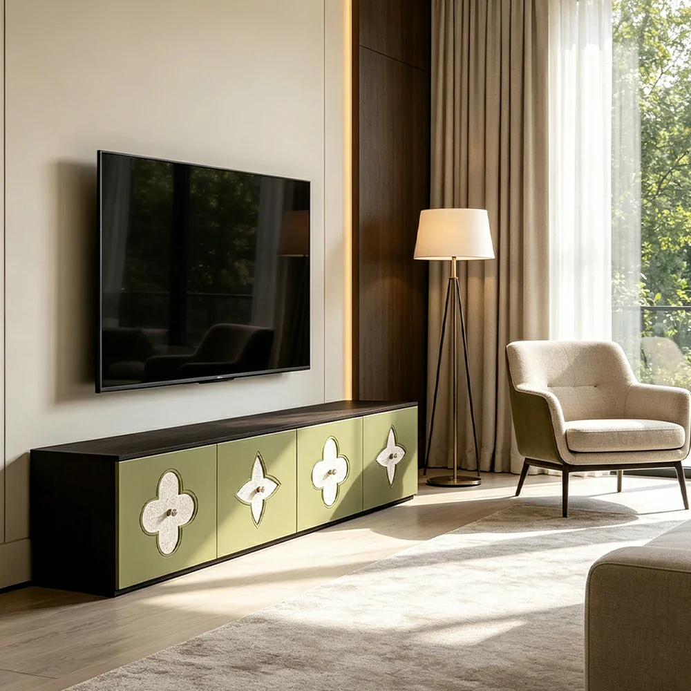 LUXORA Modern TV Cabinet Natural Shell Detail Storage Console for Living Room Entertainment Area - Black&Green - Image 4