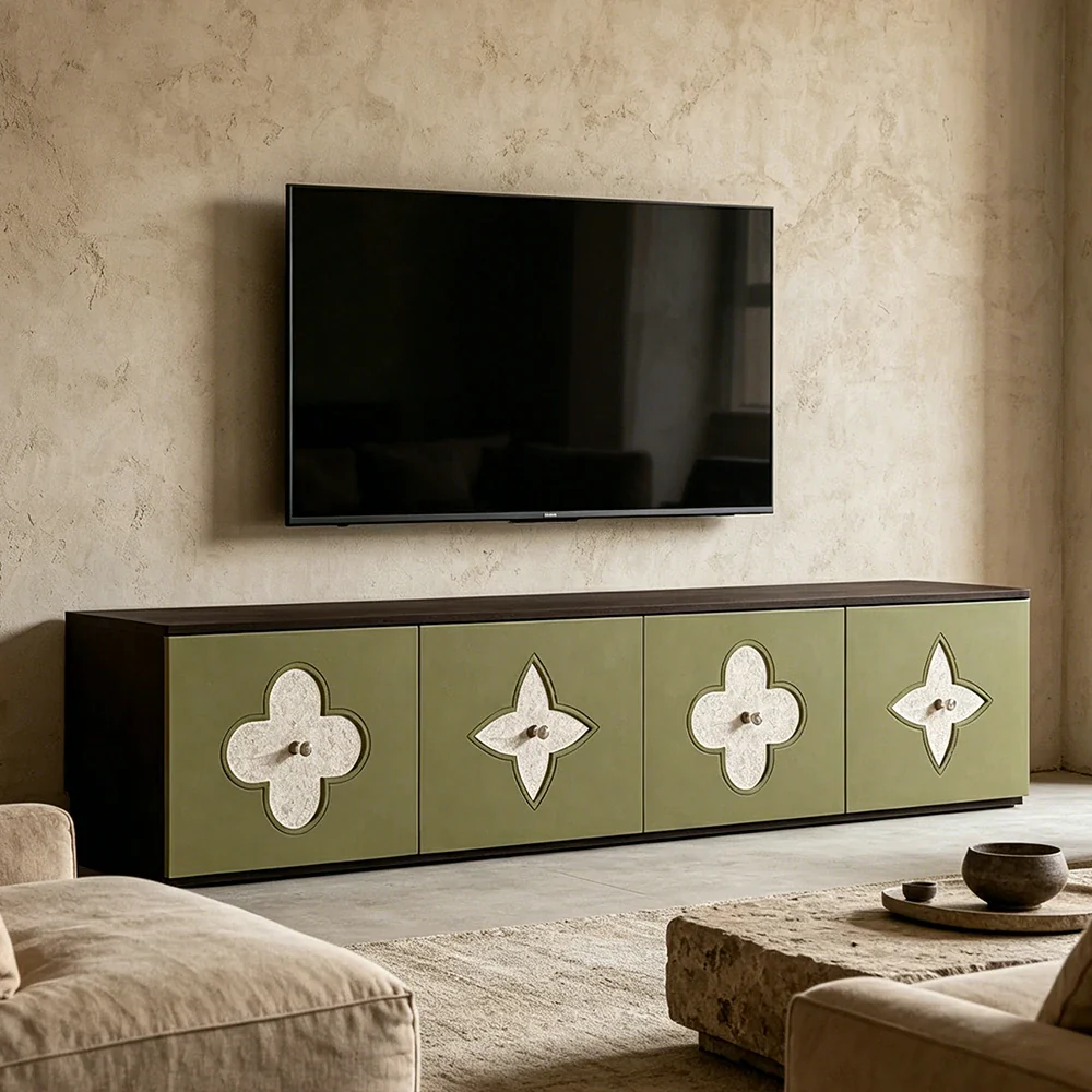 LUXORA Modern TV Cabinet Natural Shell Detail Storage Console for Living Room Entertainment Area - Black&Green - Image 5