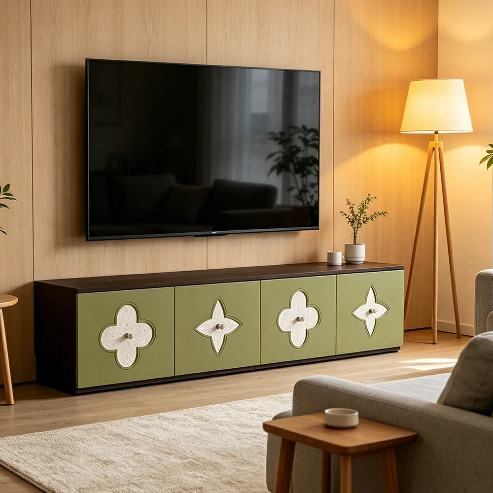 LUXORA Modern TV Cabinet Natural Shell Detail Storage Console for Living Room Entertainment Area - Black&Green - Image 6