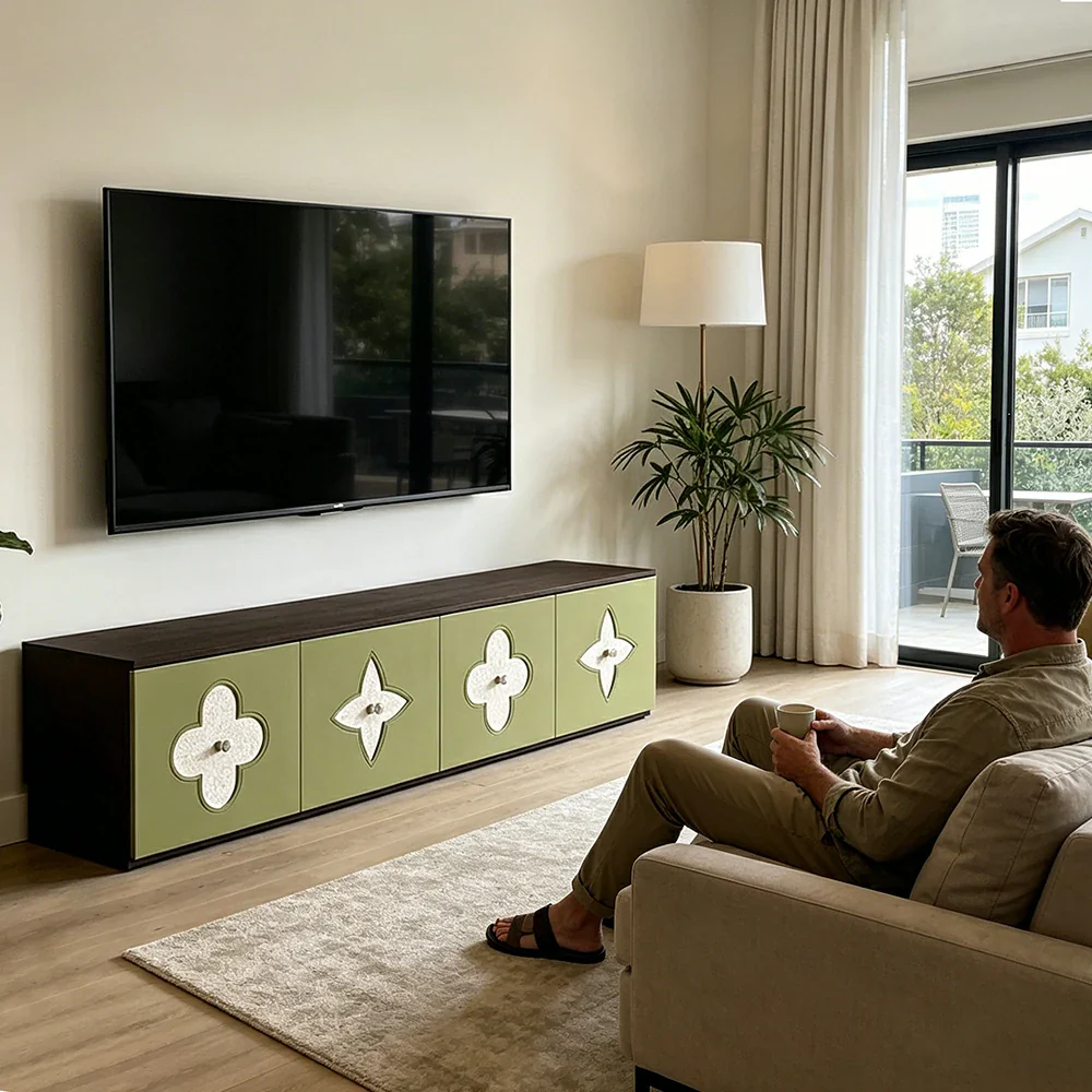 LUXORA Modern TV Cabinet Natural Shell Detail Storage Console for Living Room Entertainment Area - Black&Green - Image 7