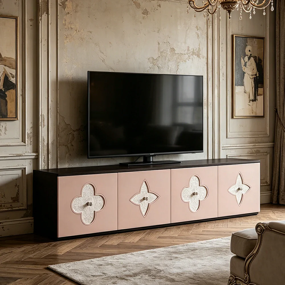 LUXORA Modern TV Cabinet Natural Shell Detail Storage Console for Living Room Entertainment Area - Black&Pink - Image 6