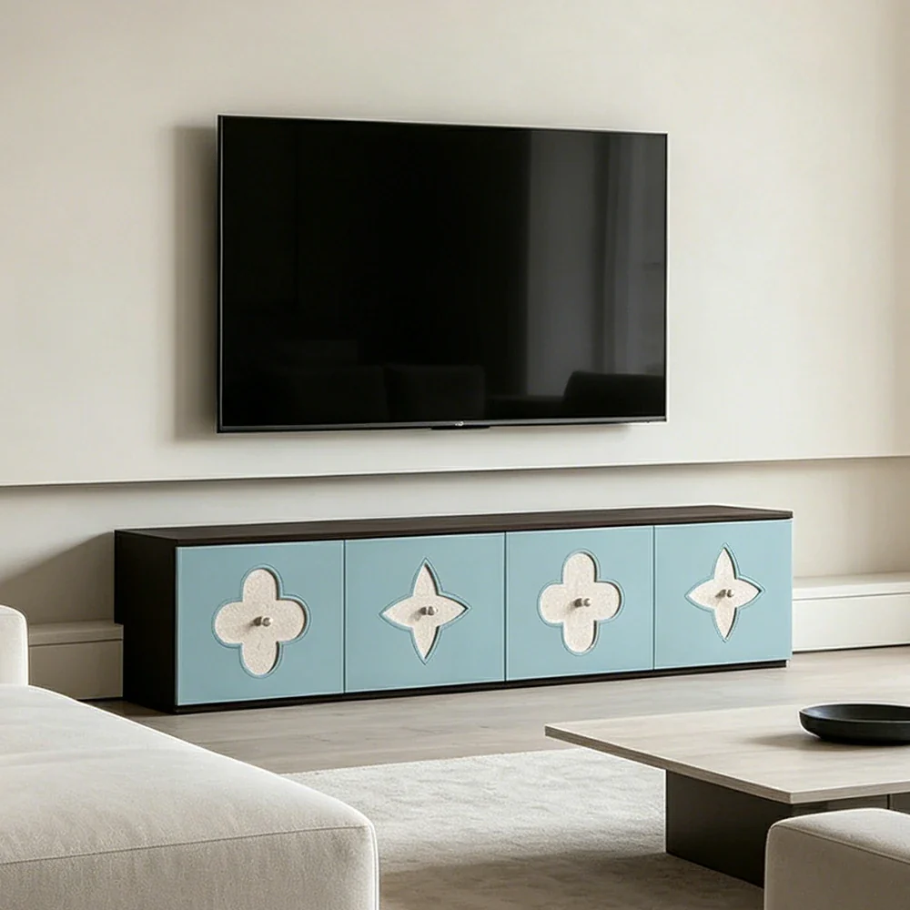 LUXORA Modern TV Cabinet Natural Shell Detail Storage Console for Living Room Entertainment Area - Black&Blue - Image 2