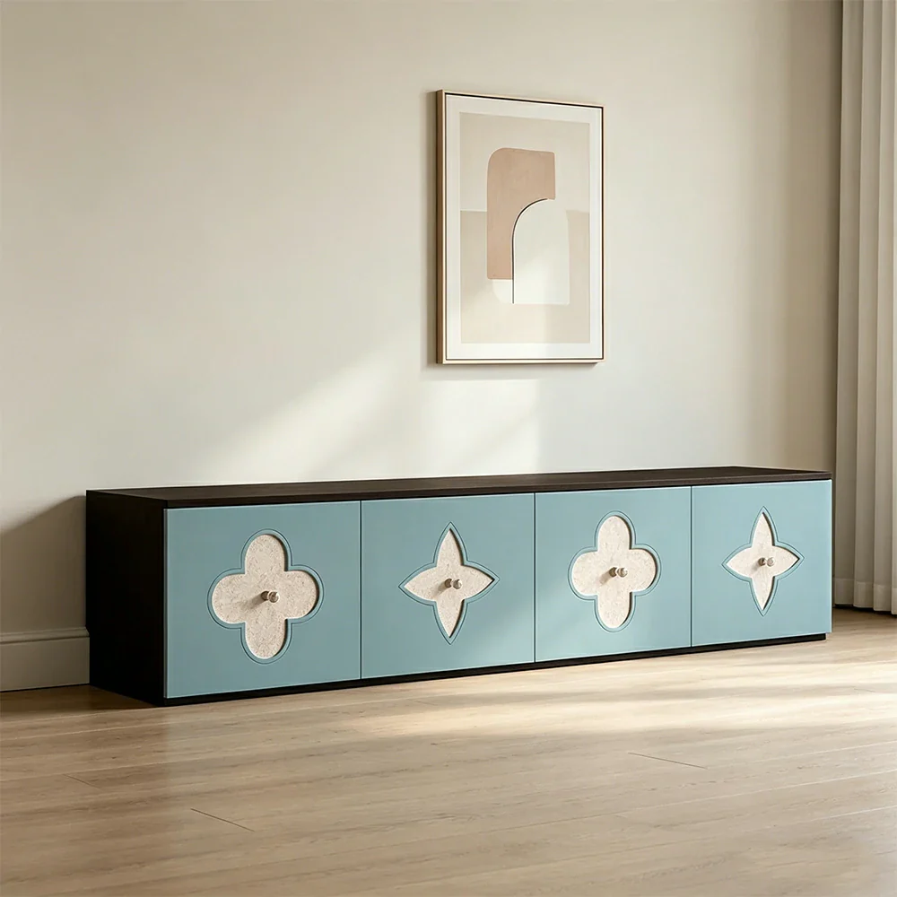 LUXORA Modern TV Cabinet Natural Shell Detail Storage Console for Living Room Entertainment Area - Black&Blue - Image 5