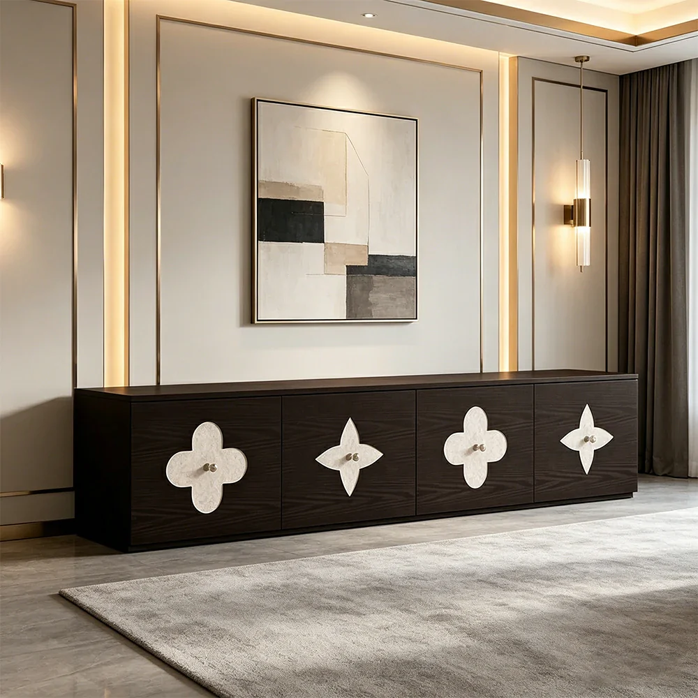 LUXORA Modern TV Cabinet Natural Shell Detail Storage Console for Living Room Entertainment Area - Black - Image 5