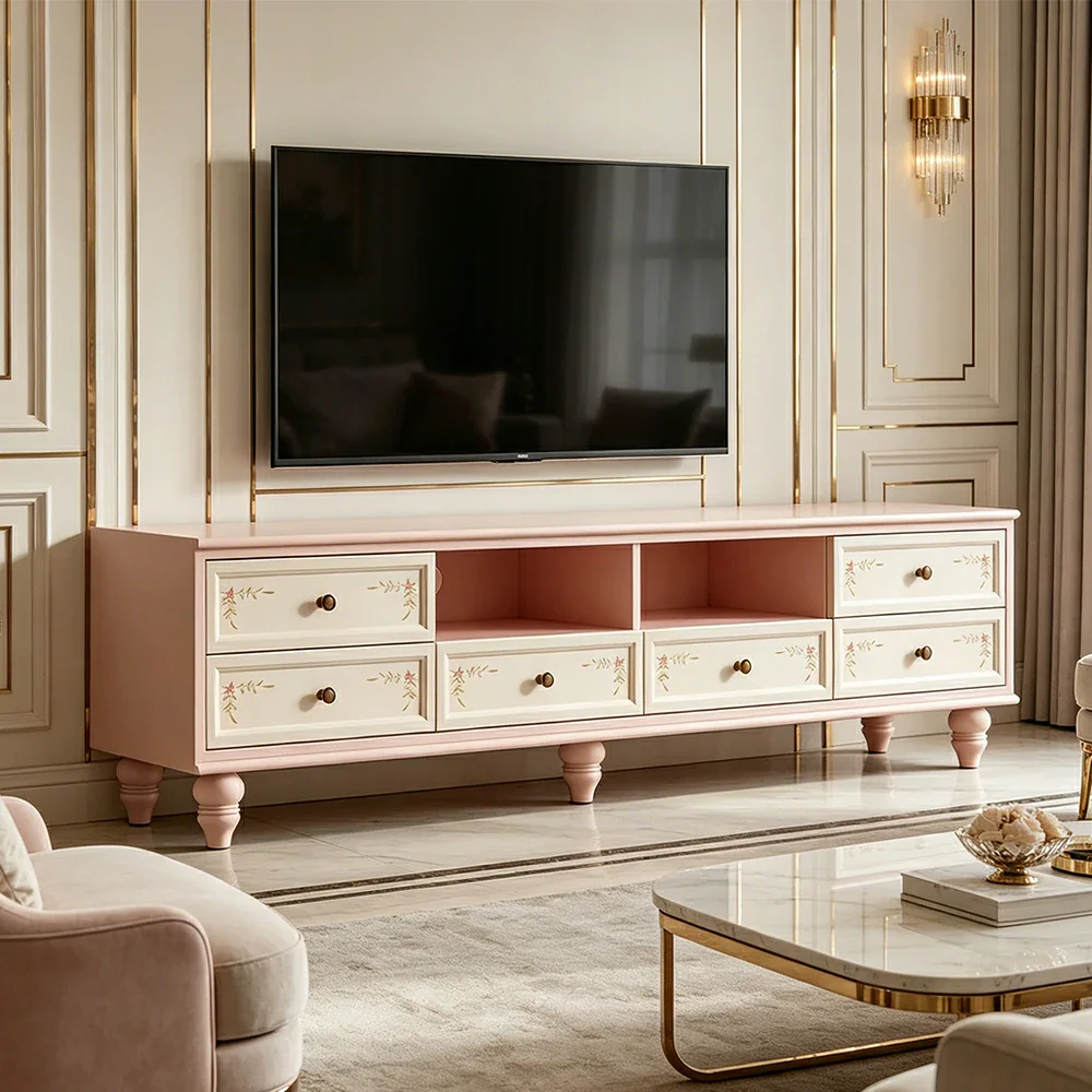 LUXORA Vintage Solid Wood TV Cabinet Handcrafted Storage Console for Living Room Entertainment Area - Pink - Image 2