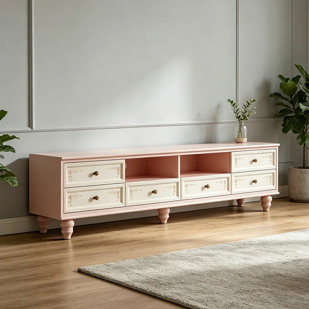 LUXORA Vintage Solid Wood TV Cabinet Handcrafted Storage Console for Living Room Entertainment Area - Pink - Image 4