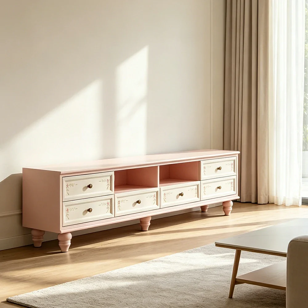 LUXORA Vintage Solid Wood TV Cabinet Handcrafted Storage Console for Living Room Entertainment Area - Pink - Image 5