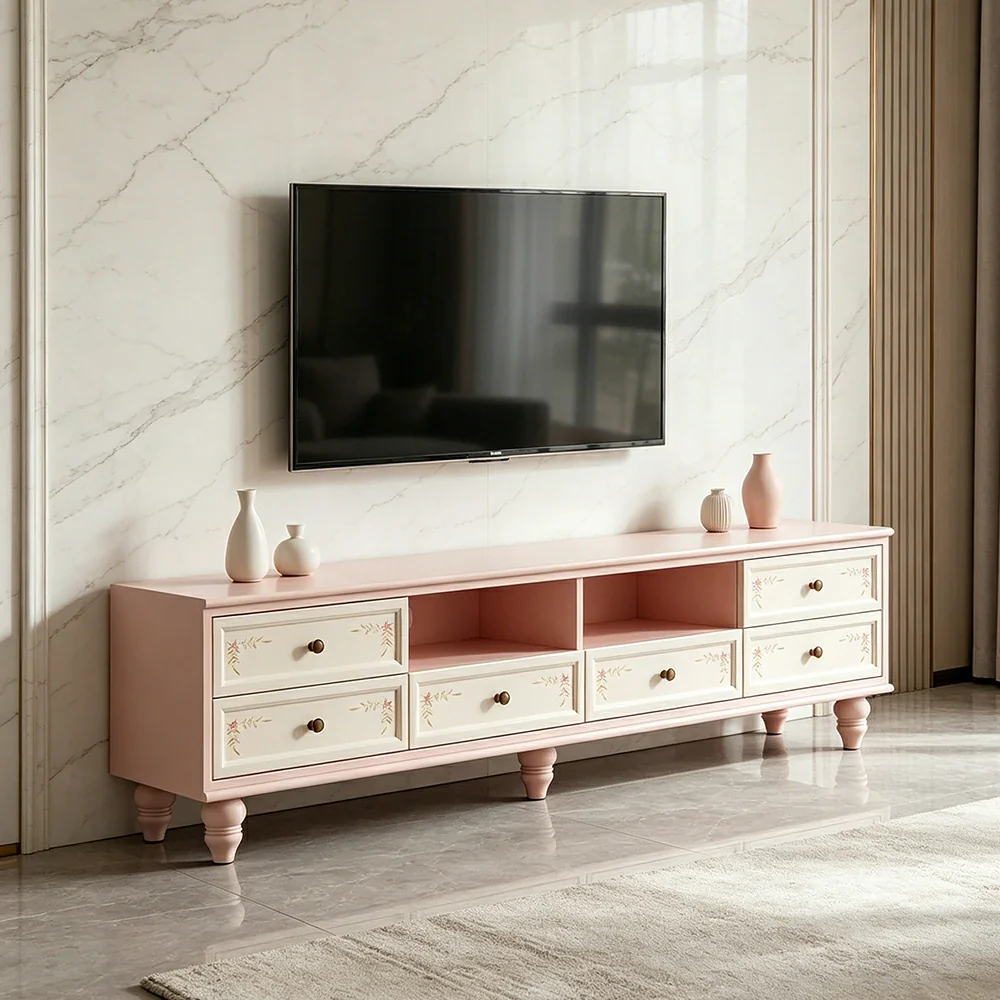 LUXORA Vintage Solid Wood TV Cabinet Handcrafted Storage Console for Living Room Entertainment Area - Pink - Image 6