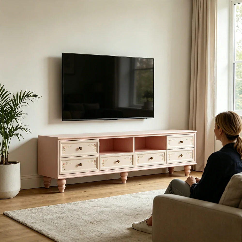 LUXORA Vintage Solid Wood TV Cabinet Handcrafted Storage Console for Living Room Entertainment Area - Pink - Image 7