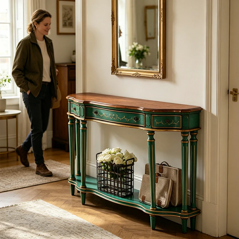 LUXORA Vintage Entryway Console Table Hand-Painted Solid Wood Accent Table for Hallway Living Room - Green - Image 7