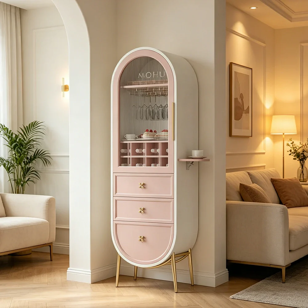LUXORA Vintage Sideboard Wine Cabinet Metal Frame Storage Unit for Living Room Dining Room - Pink - Image 2