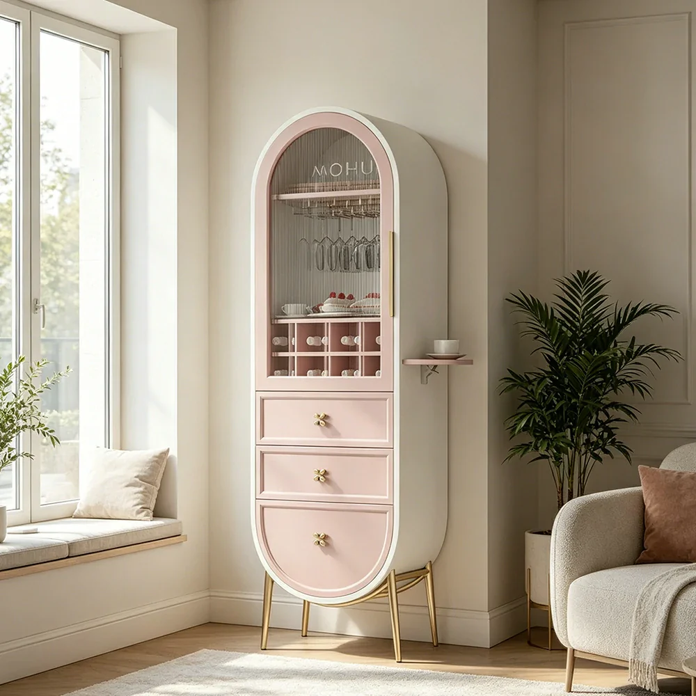 LUXORA Vintage Sideboard Wine Cabinet Metal Frame Storage Unit for Living Room Dining Room - Pink - Image 4