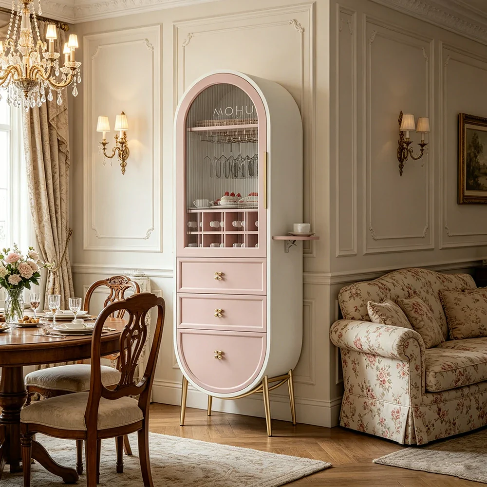 LUXORA Vintage Sideboard Wine Cabinet Metal Frame Storage Unit for Living Room Dining Room - Pink - Image 5