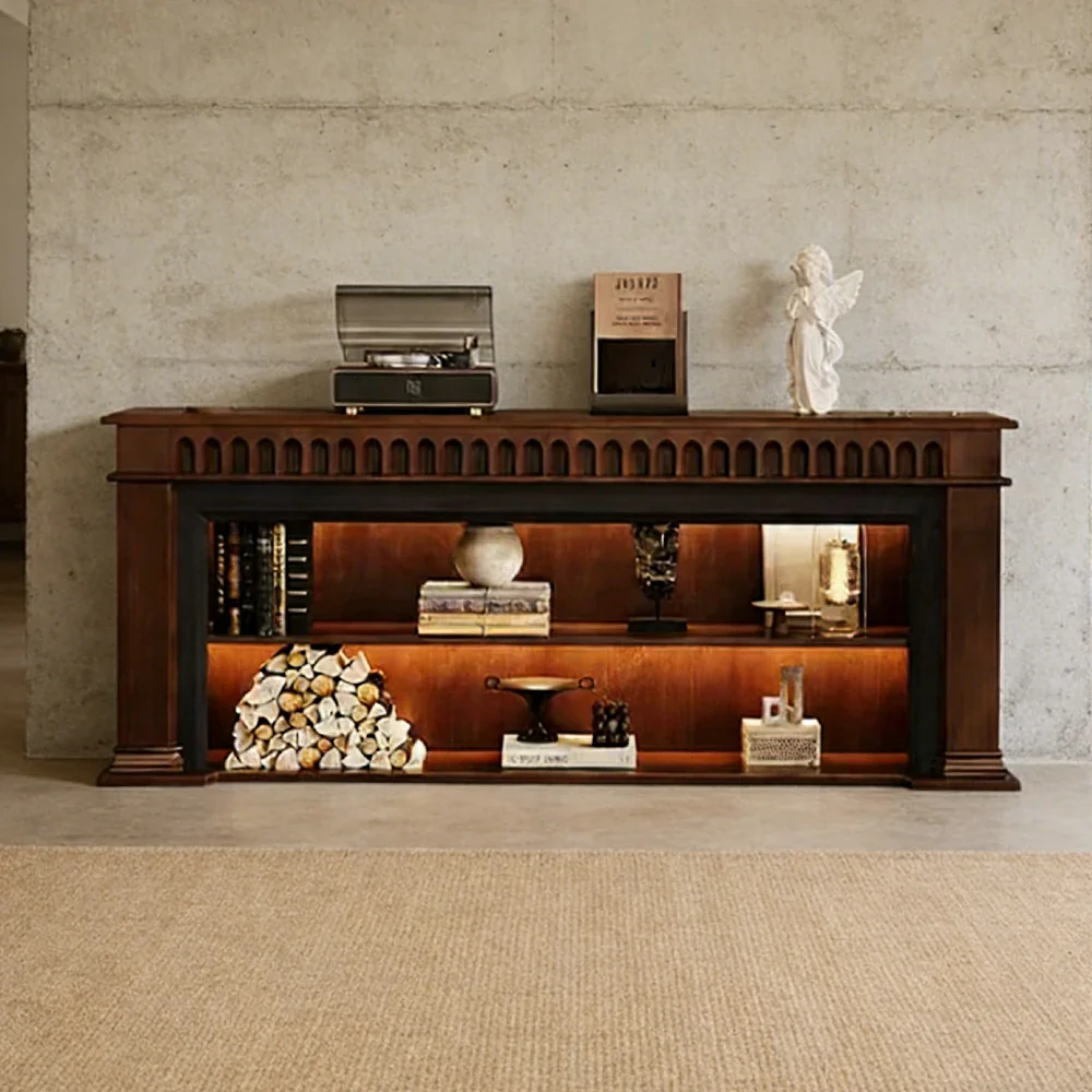 LUXORA 150/180/200cm Fireplace TV Stand Console Table Solid Wood Storage Cabinet Open Shelf Mantel Entertainment Unit - Image 2