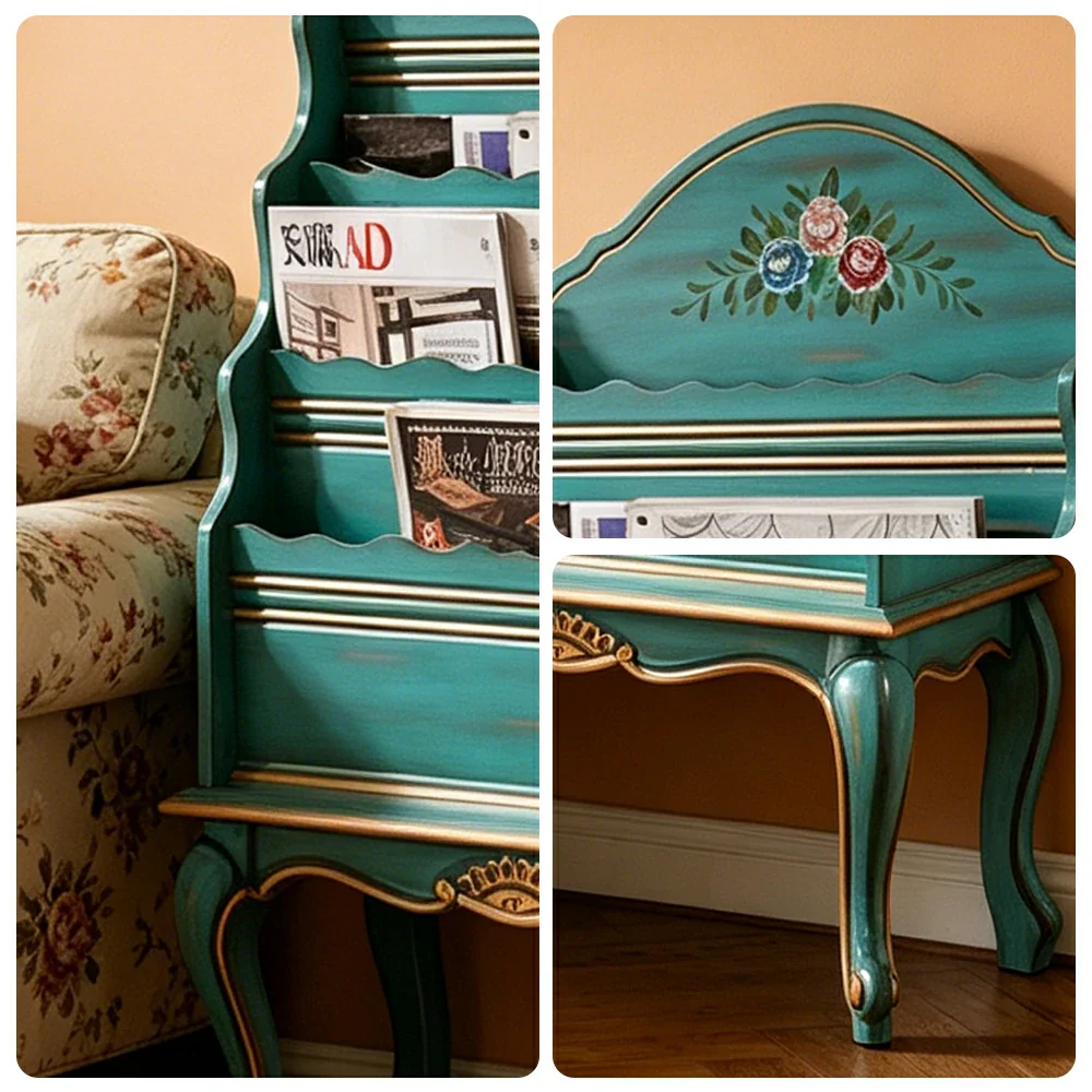 LUXORA Vintage Display Cabinet Multi-Layer Solid Wood Storage Shelf for Living Room Reading Corner - Blue&Green - Image 3