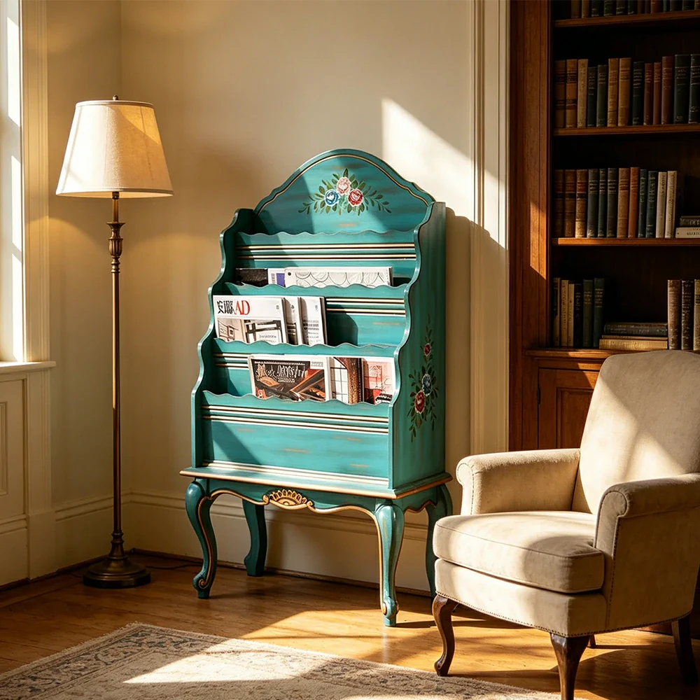 LUXORA Vintage Display Cabinet Multi-Layer Solid Wood Storage Shelf for Living Room Reading Corner - Blue&Green - Image 4