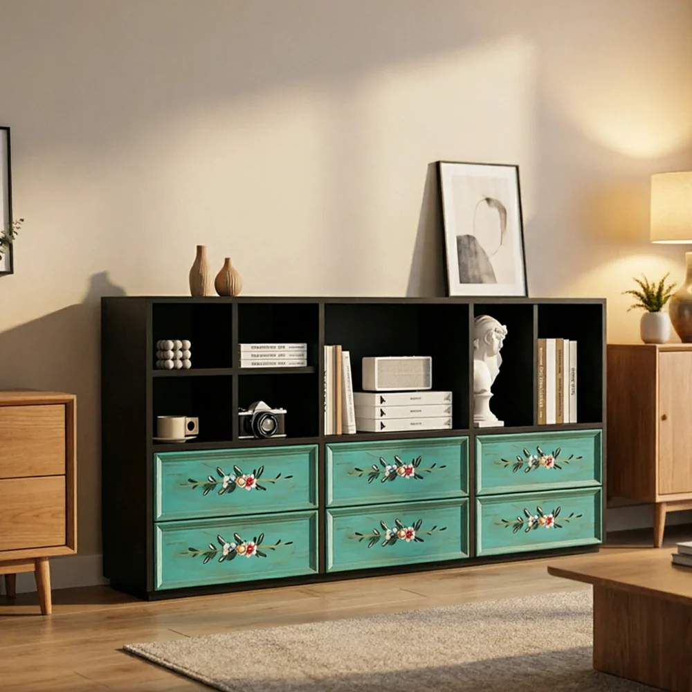 LUXORA Modular Storage Cabinet 6 Drawer Hand-Painted Organizer for Living Room Bedroom - Black - Image 2